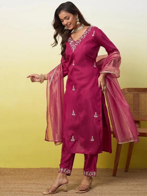 VV 9892 C Women's Embroidered Yoke Design Straight Kurta Set with Dupatta